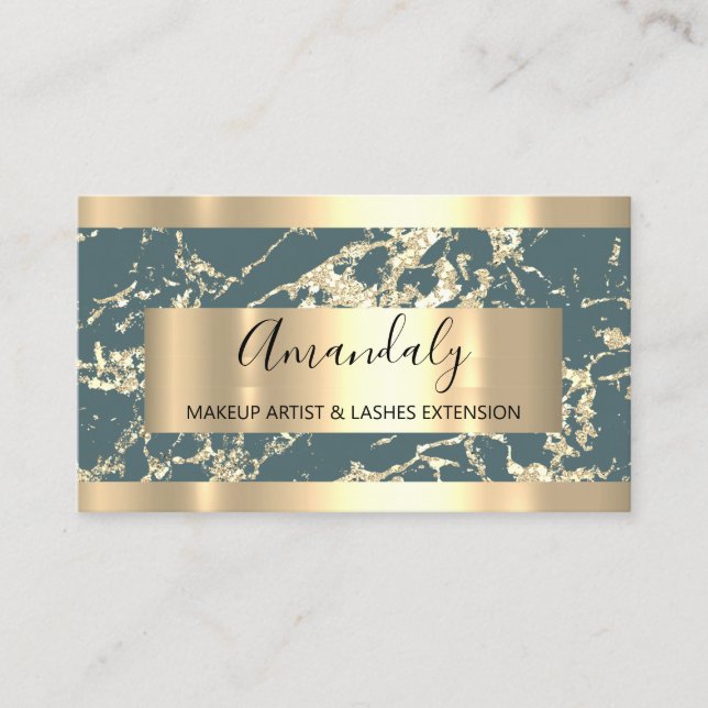 Abstract Gold Strokes Frame Marble Aqua Teal Business Card (Front)