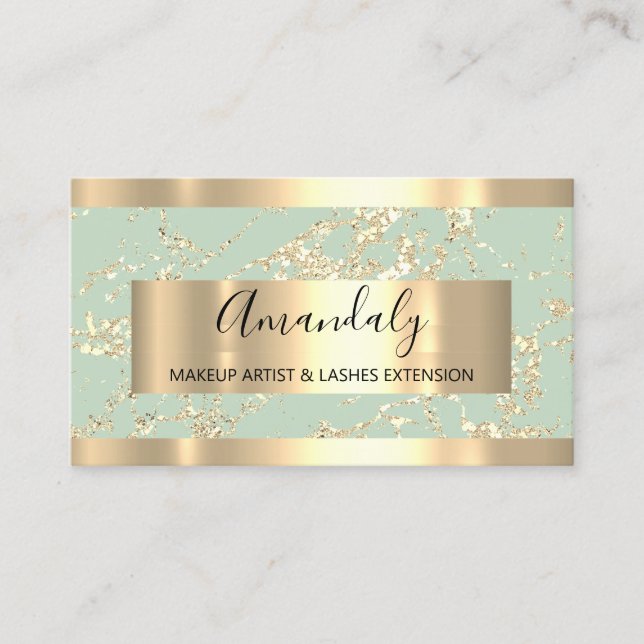 Abstract Gold Strokes Frame Marble Mint Green Business Card (Front)