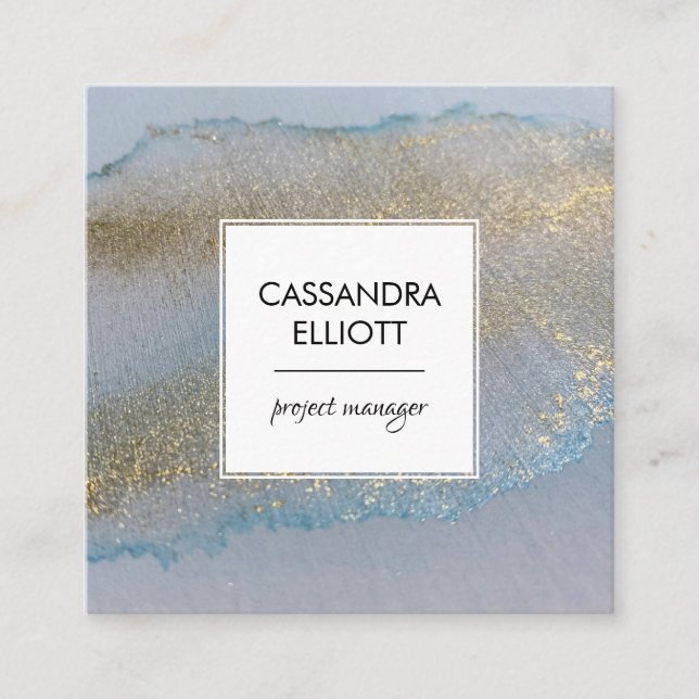 Abstract Gold & Subtle Blue Alcohol Ink Liquid Art Square Business Card (Front)
