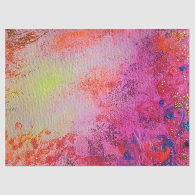 ABSTRACT GOLD SWIRLS ,PINK FUCHSIA RED BLUE FLORAL TISSUE PAPER (Front)