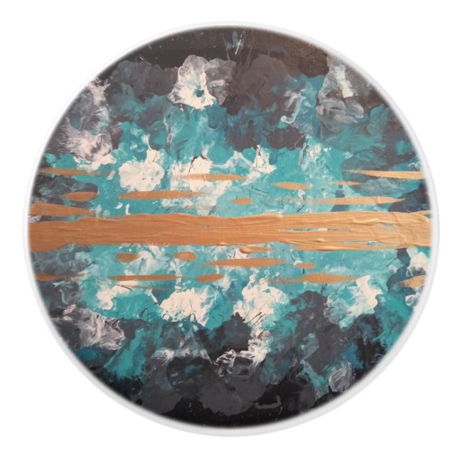 Abstract Gold Teal Ceramic Knob (Front)