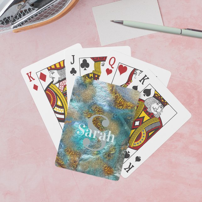 Abstract Gold Teal Faux Foil Glitter Name Initial  Playing Cards (Creator Uploaded)
