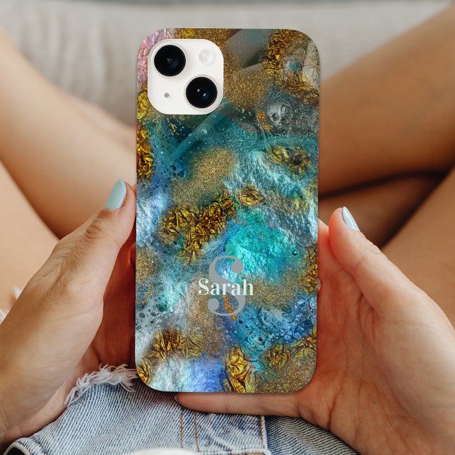 Abstract Gold Teal Faux Foil Glitter Name Monogram Case-Mate iPhone Case (Creator Uploaded)
