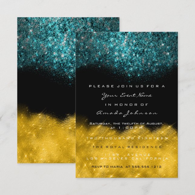 Abstract Gold Teal Ocean Glitter Black White Event Invitation (Front/Back)