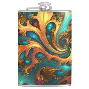 Abstract Gold Teal Orange Flames, Hip Flask
