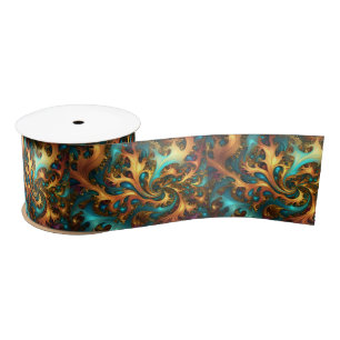 Abstract Gold Teal Orange Flames, Satin Ribbon