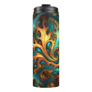 Abstract Gold Teal Orange Flames, Thermal Tumbler