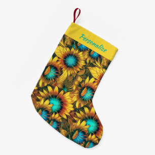 Abstract Gold Teal Sunflowers Floral Holiday Small Christmas Stocking