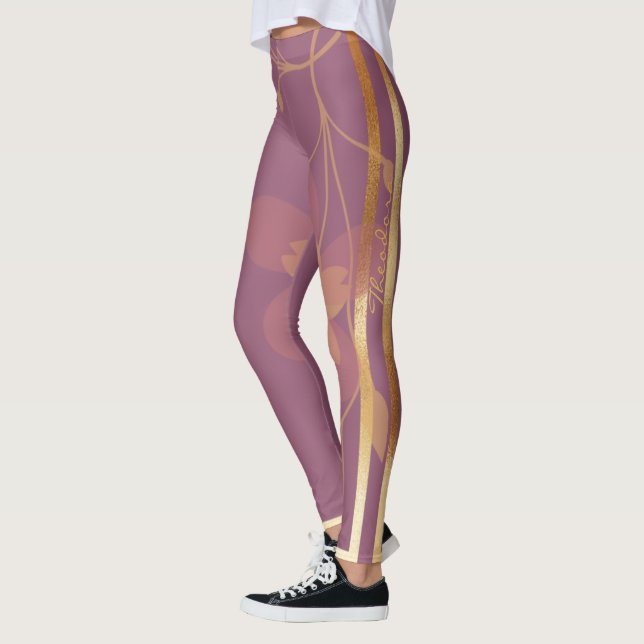 Abstract Gold Violet Floral Leggings (Left)