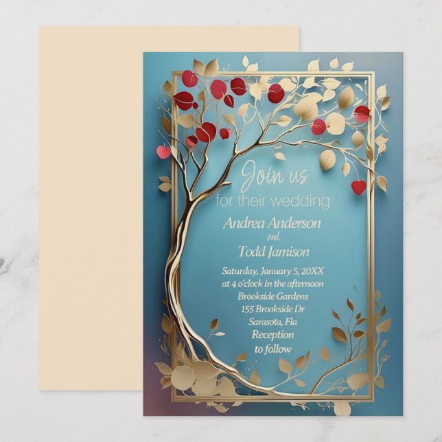 Abstract golden apple tree wedding invitation (Front/Back)
