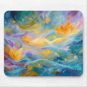 Abstract Golden Lotus Floating Flowers Mouse Mat