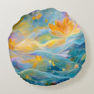 Abstract Golden Lotus Floating Flowers  Round Cushion
