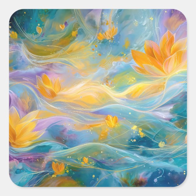 Abstract Golden Lotus Floating Flowers  Square Sticker (Front)