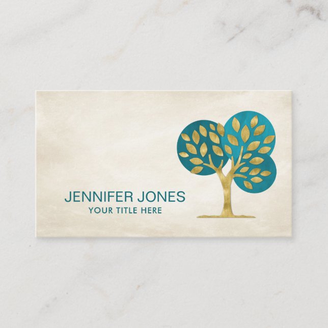 Abstract Golden Tree with watercolor circles Business Card (Front)