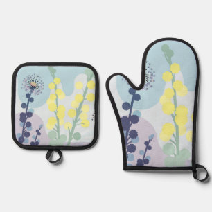Abstract Golden Wattle Modern Acacia Illustrative Oven Mitt & Pot Holder Set