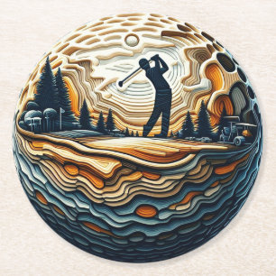 Abstract Golfer On Golf Ball Circular Golfing Arti Round Paper Coaster