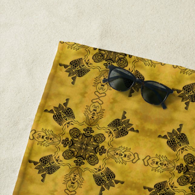 Abstract Goth Tribal Line Drawing Repeat Pattern Beach Towel (In Situ)