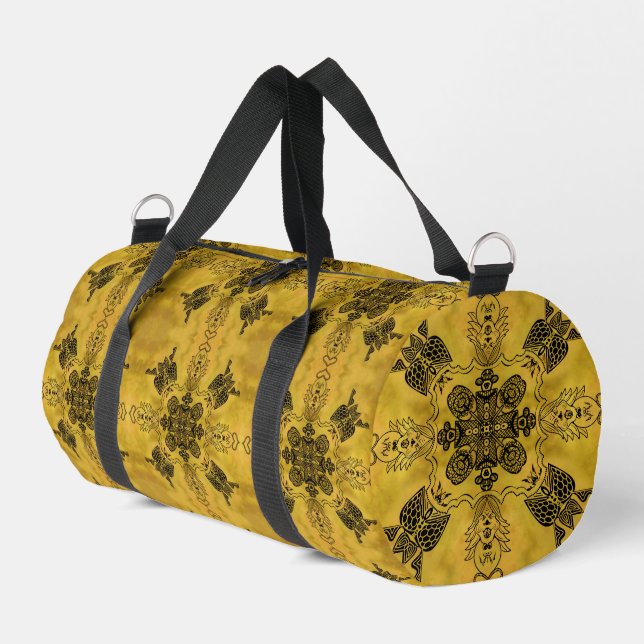 Abstract Goth Tribal Line Drawing Repeat Pattern Duffle Bag (Left Corner)
