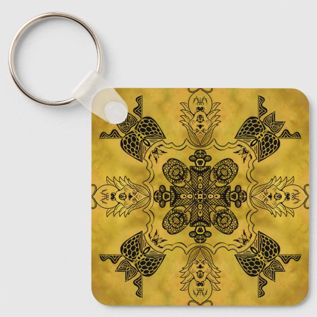 Abstract Goth Tribal Line Drawing Repeat Pattern Key Ring (Front)