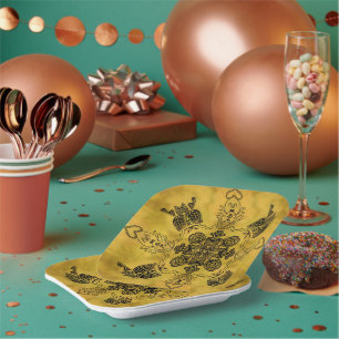 Abstract Goth Tribal Line Drawing Repeat Pattern Paper Plate