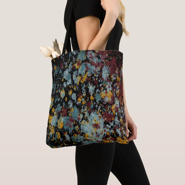 Abstract Graffiti Splatter Painting Art On Black  Tote Bag (Close Up)