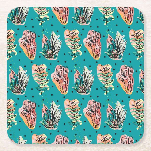 Abstract Graphic Cactus Succulent Pattern Square Paper Coaster (Front)