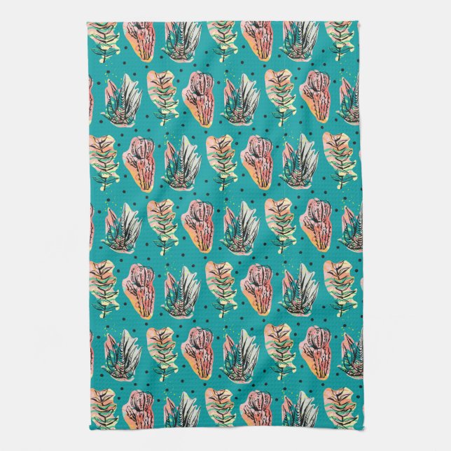 Abstract Graphic Cactus Succulent Pattern Tea Towel (Vertical)