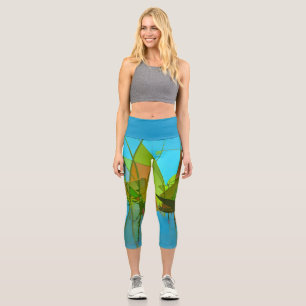Abstract Grasses Turquoise Capri Leggings