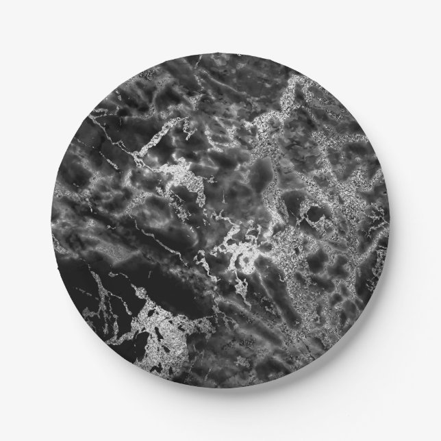 Abstract Gray Black Silver  Marble Glam Vip Paper Plate (Front)