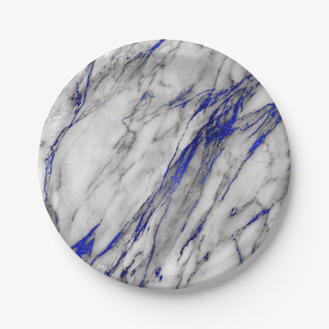 Abstract Gray Blue Navy Marble Glam Golden Vip Paper Plate (Front)