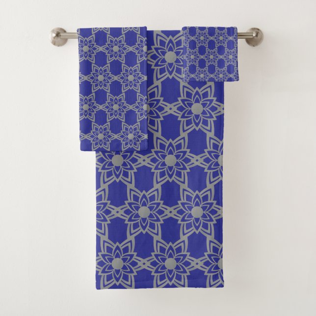 Abstract Gray Flower Mandala Pattern on Deep Blue Bath Towel Set (Insitu)
