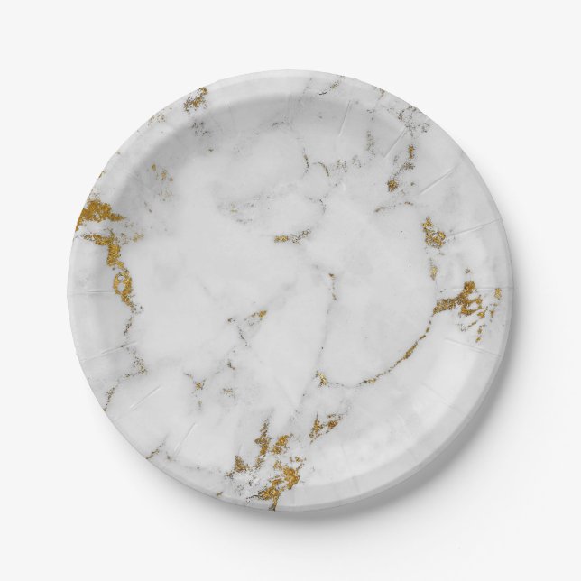 Abstract Gray Gold Carrara Marble Glam Golden Vip Paper Plate (Front)