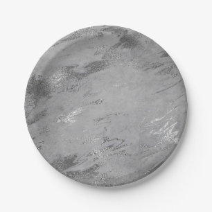 Abstract Gray Graphite Silver Marble Party Vip Paper Plate