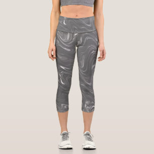 Abstract Gray Marble Pattern Capri Leggings