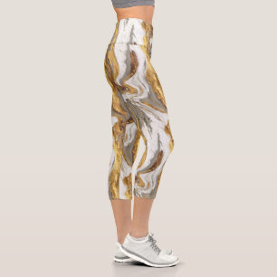 Abstract Gray Marble Texture with Flowing Gold Capri Leggings