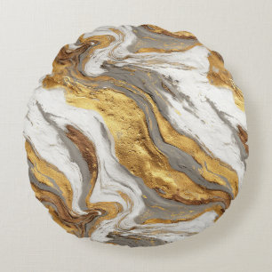 Abstract Gray Marble Texture with Flowing Gold Round Cushion