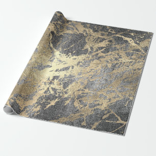 Abstract Gray Paint Golden Metallic Strokes Wrapping Paper