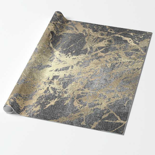 Abstract Gray Paint Golden  Metallic Strokes Wrapping Paper (Unrolled)