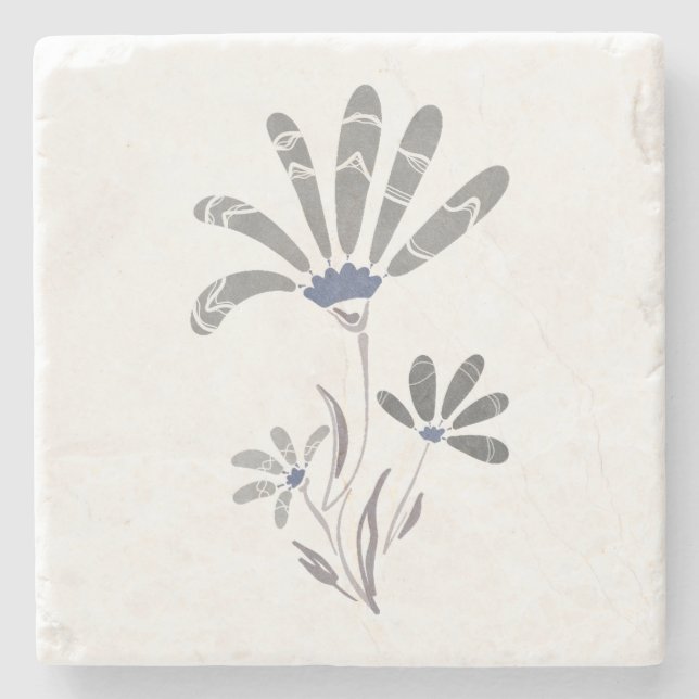 Abstract Grayscale Psychedelic Flowers Stone Coaster (Front)