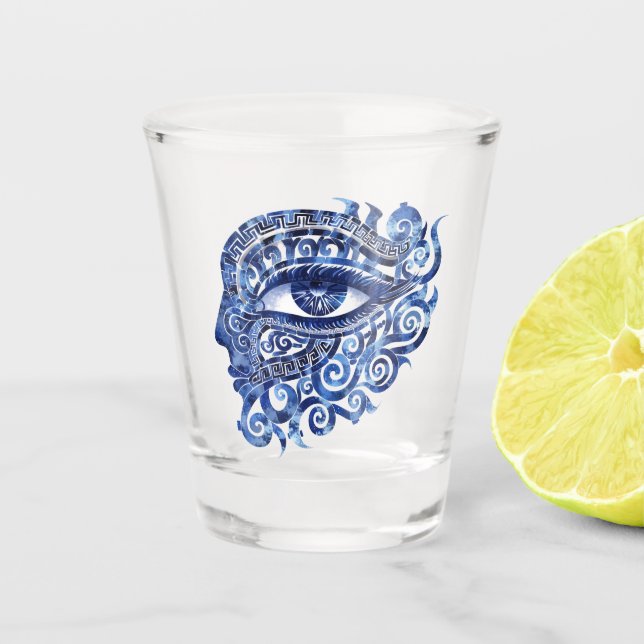 Abstract Greek Evil Eye With Greek Key Shot Glass (Front)