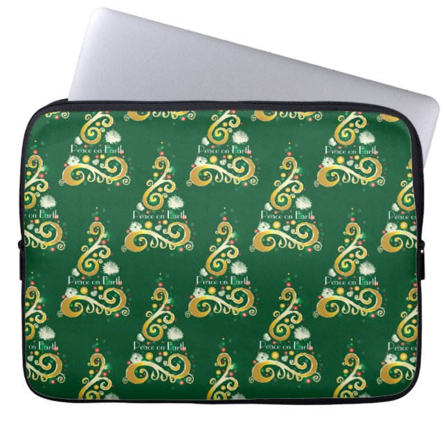 Abstract green and gold Christmas tree pattern Laptop Sleeve (Front)