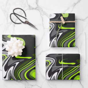 Abstract Green and Grey Fluid Art with Bold Swirls Wrapping Paper Sheet