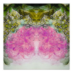 Abstract green and pink watercolor mandala poster