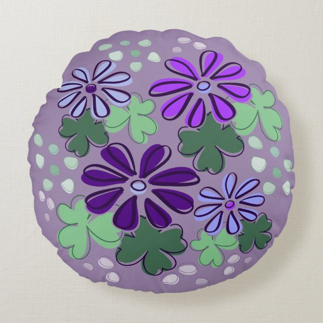 Abstract Green and Purple Clover & Flower Doodle Round Cushion (Front)