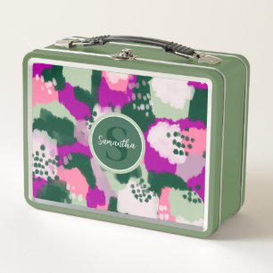 Abstract Green and Purple Paint Strokes Monogram Metal Lunch Box