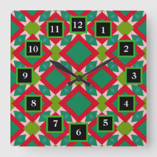 Abstract Green and Red Pattern with Diamonds Square Wall Clock