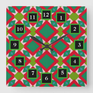 Abstract Green and Red Pattern with Diamonds Square Wall Clock