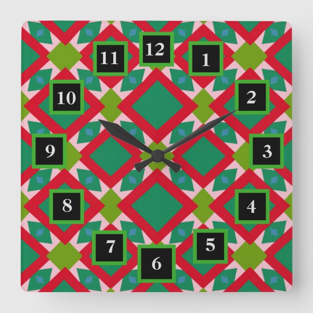 Abstract Green and Red Pattern with Diamonds Square Wall Clock (Front)