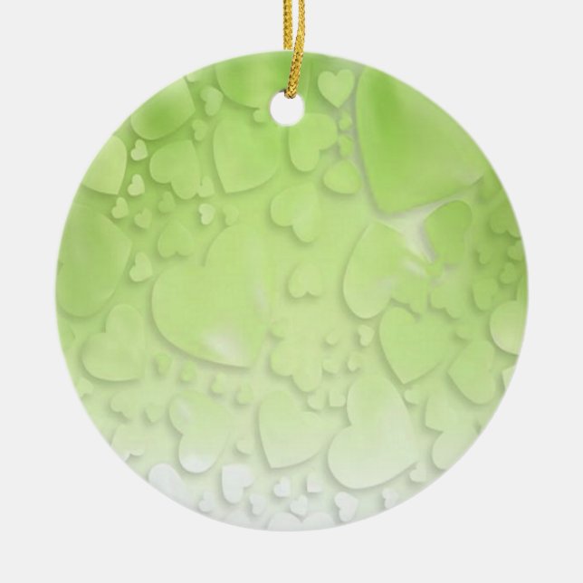 Abstract green and white hearts ceramic tree decoration (Front)