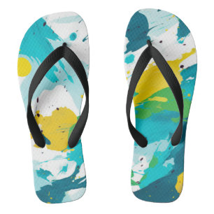 Abstract Green and Yellow Paint Splash Flip Flops